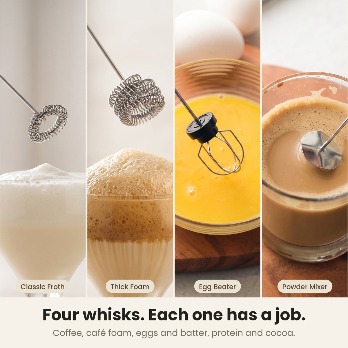 InstaCuppa Milk Frother with Stand - Black - four whisk attachments in use for froth, foam, eggs and powders · 4 whisks