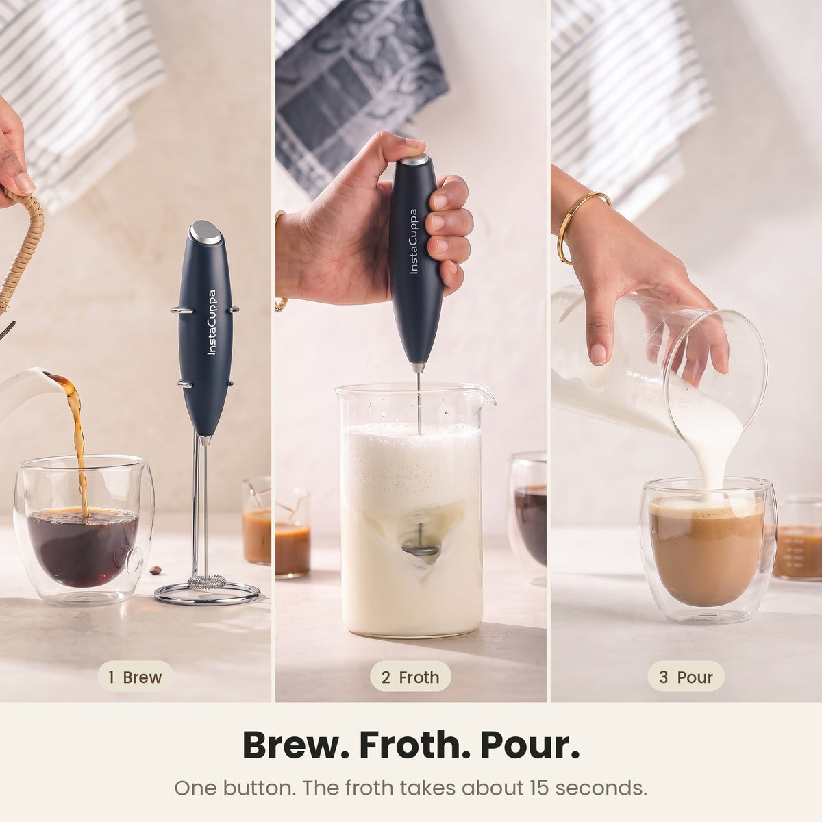 InstaCuppa Milk Frother with Stand - Black - brew, froth and pour in three easy steps · 4 whisks