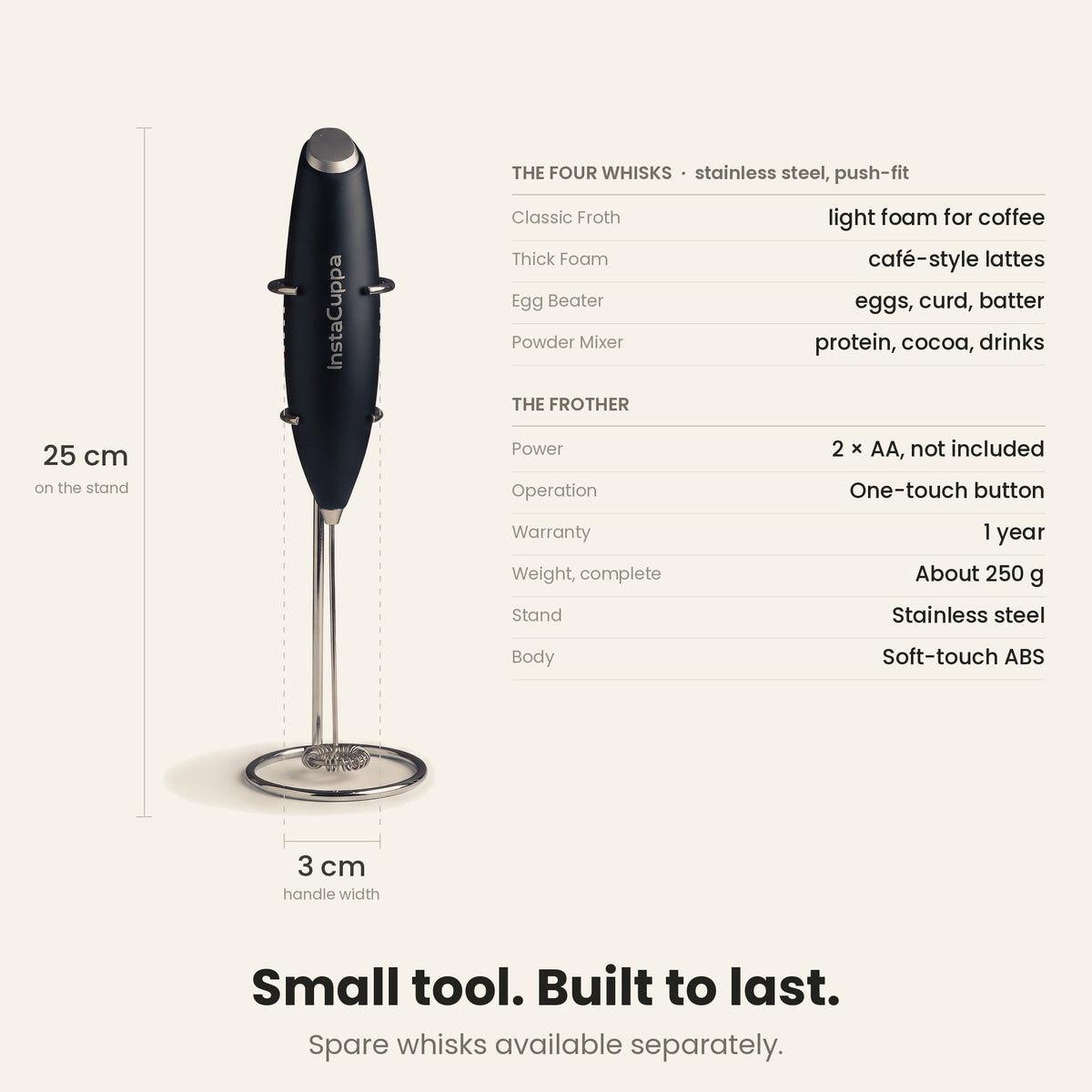 InstaCuppa Milk Frother with Stand - Black - specifications, 25 cm tall, 250 g · 4 whisks