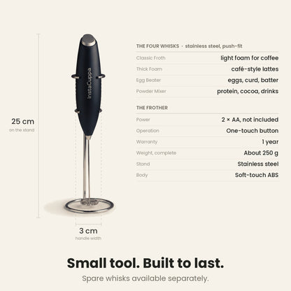 InstaCuppa Milk Frother with Stand - Black - specifications, 25 cm tall, 250 g · 4 whisks