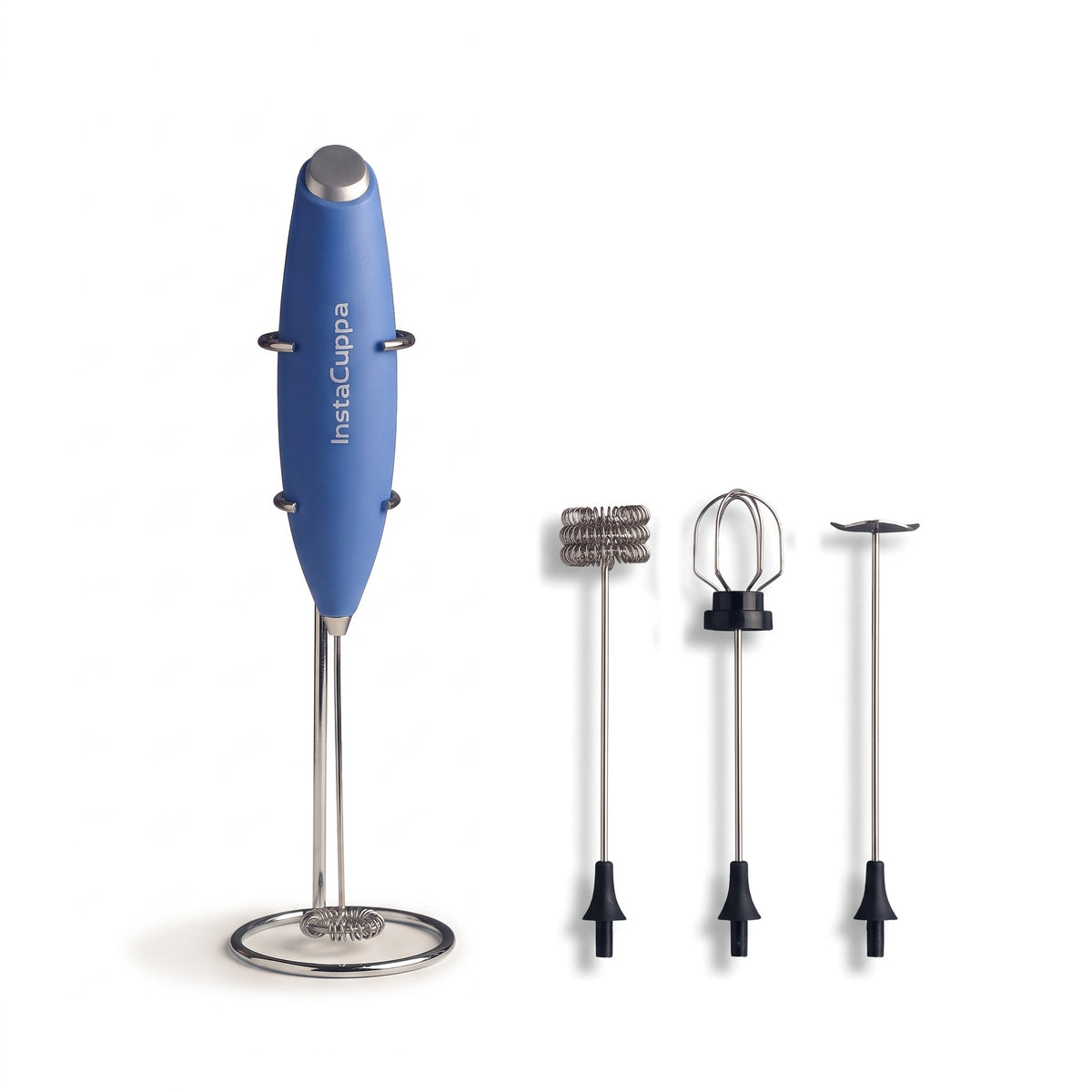 InstaCuppa Milk Frother with Stand - Blue - hero shot of the handheld frother with its stand and 4 whisk attachments · 4 whisks