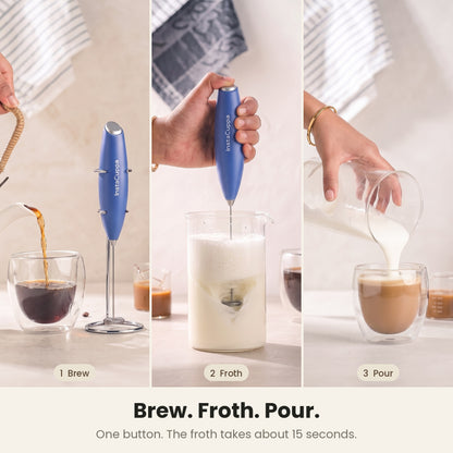 InstaCuppa Milk Frother with Stand - Blue - brew, froth and pour in three easy steps · 4 whisks