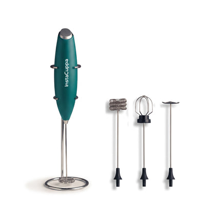 InstaCuppa Milk Frother with Stand - Green - hero shot of the handheld frother with its stand and 4 whisk attachments · 4 whisks