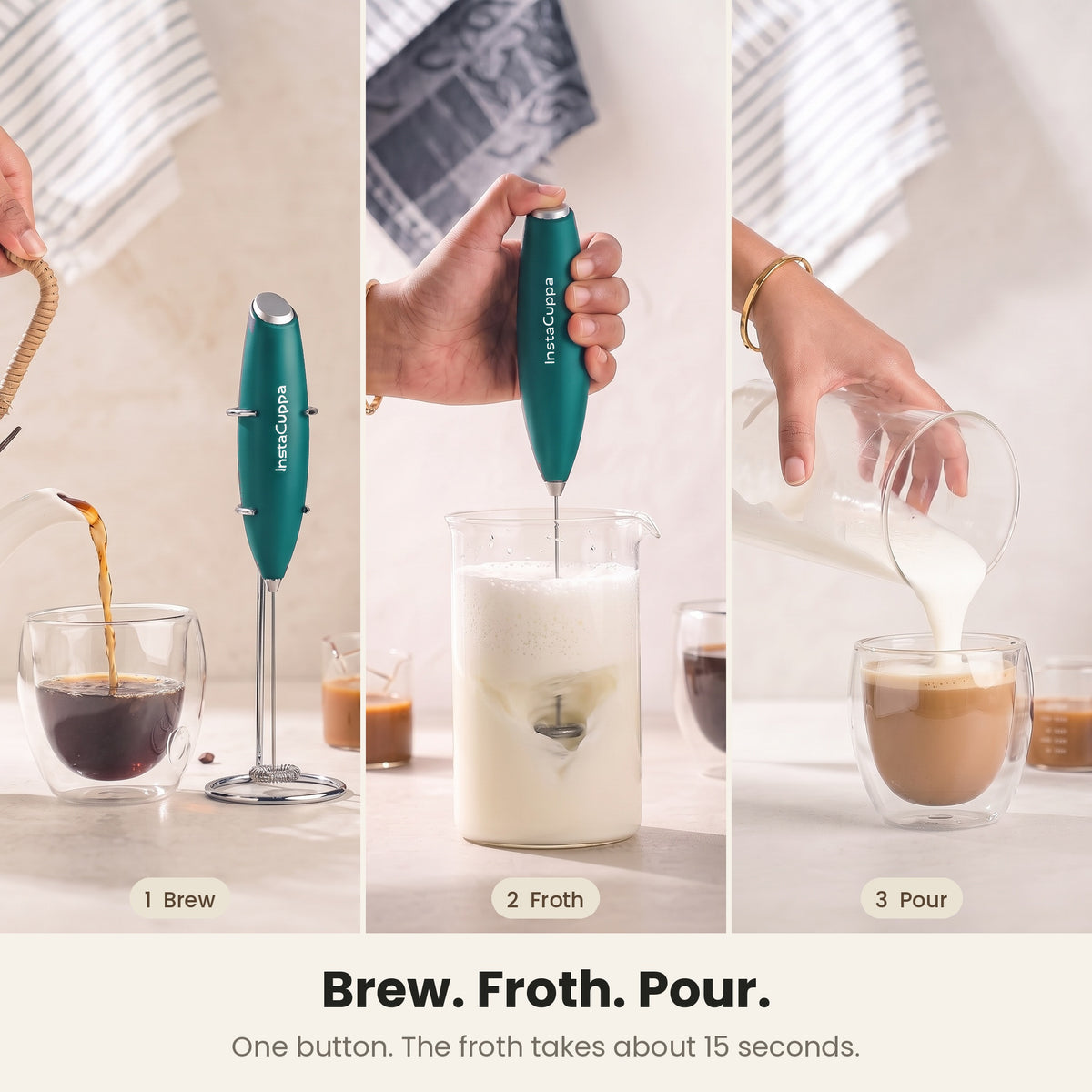 InstaCuppa Milk Frother with Stand - Green - brew, froth and pour in three easy steps · 4 whisks