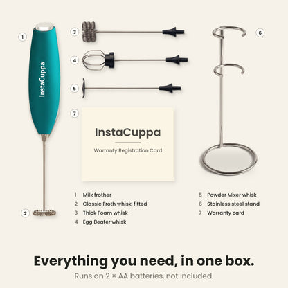 InstaCuppa Milk Frother with Stand - Green - what is in the box · 4 whisks