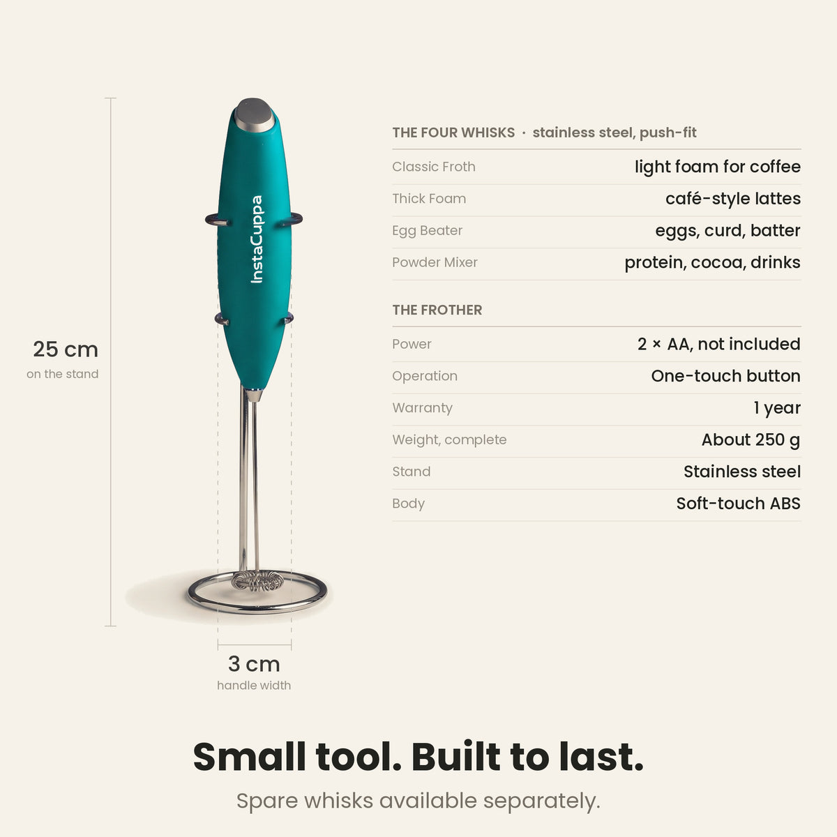 InstaCuppa Milk Frother with Stand - Green - specifications, 25 cm tall, 250 g · 4 whisks