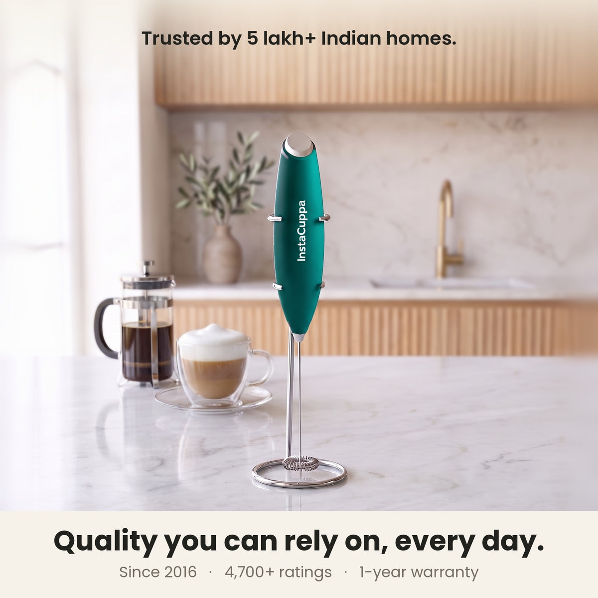 InstaCuppa Milk Frother with Stand - Green - kitchen scene with a French press and cappuccino, trusted by coffee lovers · 4 whisks