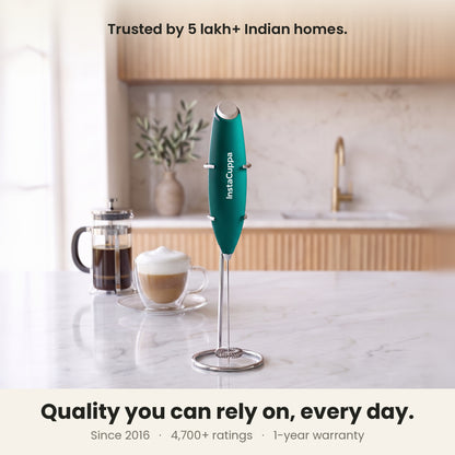 InstaCuppa Milk Frother with Stand - Green - kitchen scene with a French press and cappuccino, trusted by coffee lovers · 4 whisks
