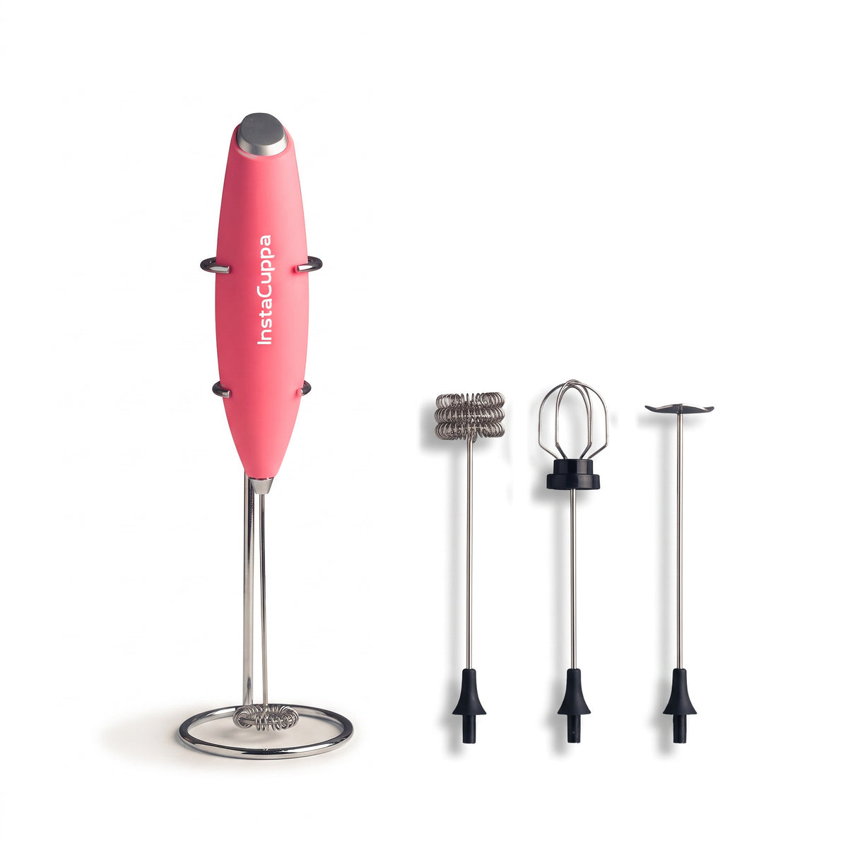 InstaCuppa Milk Frother with Stand - Pink - hero shot of the handheld frother with its stand and 4 whisk attachments · 4 whisks