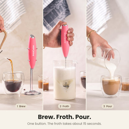 InstaCuppa Milk Frother with Stand - Pink - brew, froth and pour in three easy steps · 4 whisks
