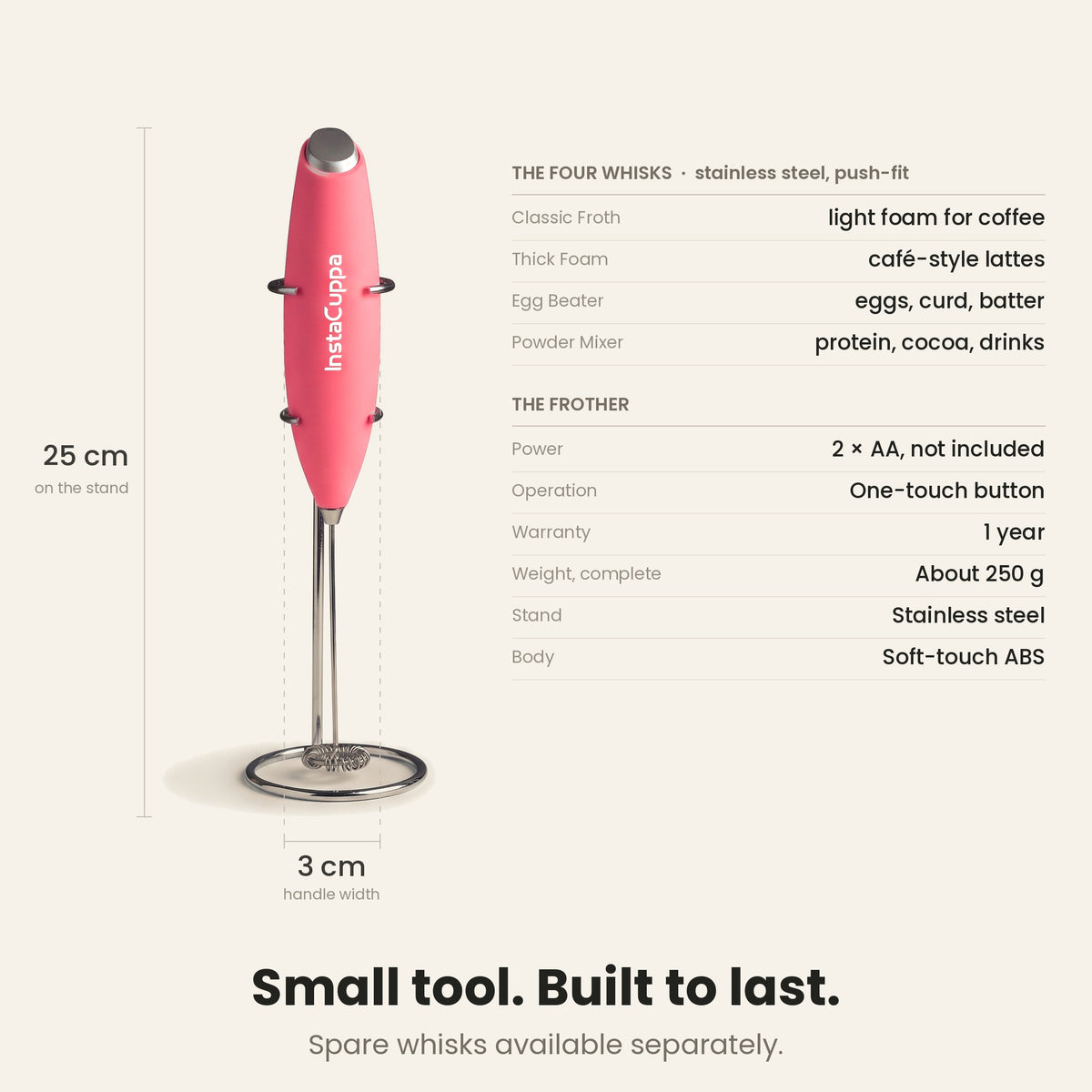 InstaCuppa Milk Frother with Stand - Pink - specifications, 25 cm tall, 250 g · 4 whisks