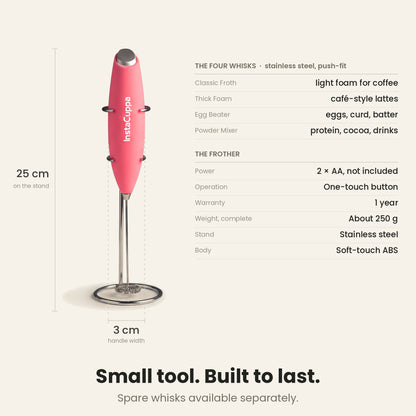 InstaCuppa Milk Frother with Stand - Pink - specifications, 25 cm tall, 250 g · 4 whisks