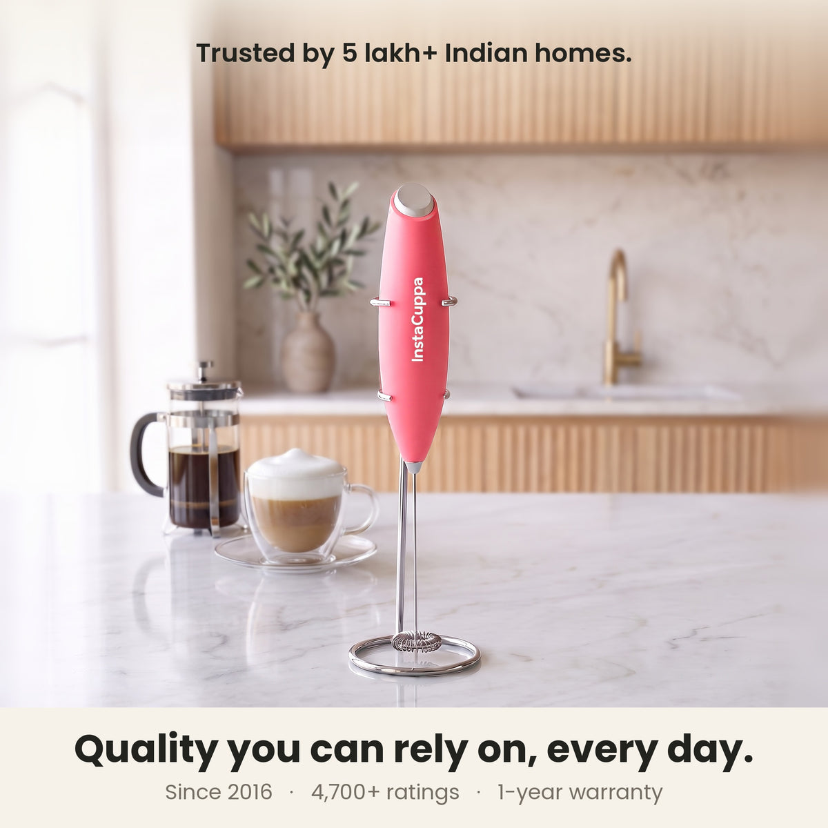 InstaCuppa Milk Frother with Stand - Pink - kitchen scene with a French press and cappuccino, trusted by coffee lovers · 4 whisks