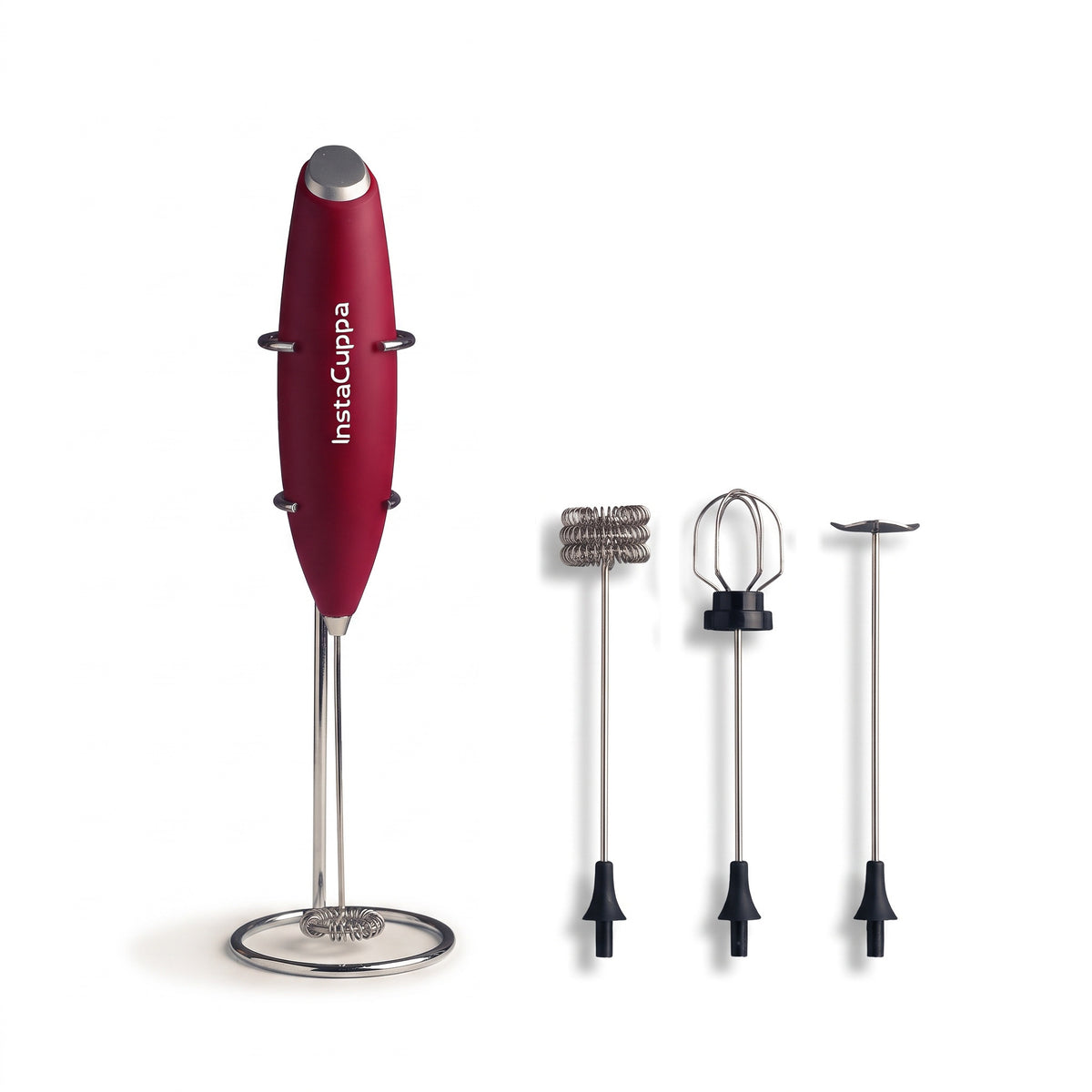 InstaCuppa Milk Frother with Stand - Red - hero shot of the handheld frother with its stand and 4 whisk attachments · 4 whisks