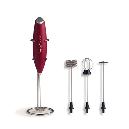 InstaCuppa Milk Frother with Stand - Red - hero shot of the handheld frother with its stand and 4 whisk attachments · 4 whisks