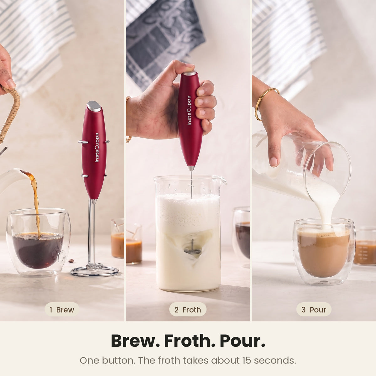 InstaCuppa Milk Frother with Stand - Red - brew, froth and pour in three easy steps · 4 whisks