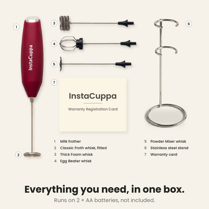 InstaCuppa Milk Frother with Stand - Red - what is in the box · 4 whisks