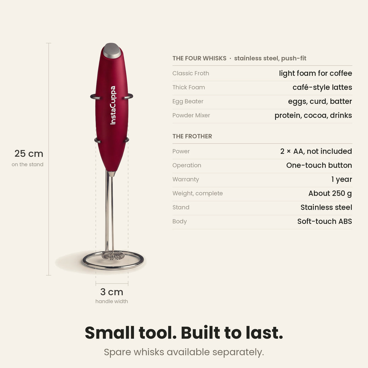 InstaCuppa Milk Frother with Stand - Red - specifications, 25 cm tall, 250 g · 4 whisks