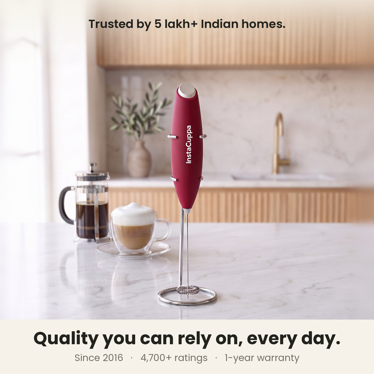 InstaCuppa Milk Frother with Stand - Red - kitchen scene with a French press and cappuccino, trusted by coffee lovers · 4 whisks