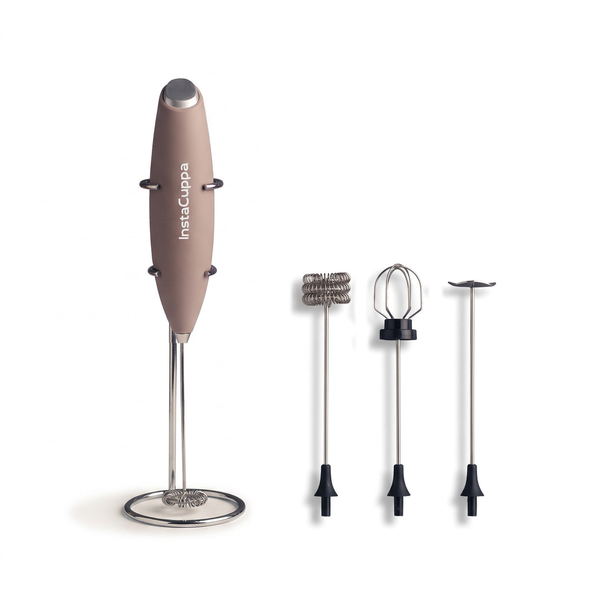 InstaCuppa Milk Frother with Stand - Rose Gold - hero shot of the handheld frother with its stand and 4 whisk attachments · 4 whisks