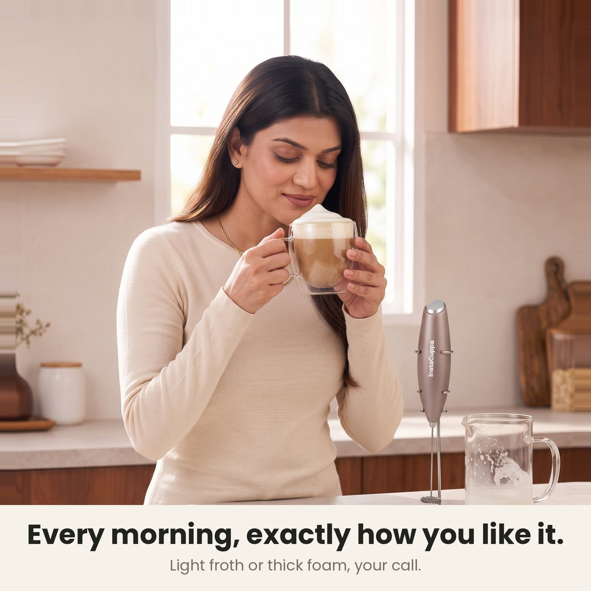 InstaCuppa Milk Frother with Stand - Rose Gold - woman enjoying a cafe-style cappuccino · 4 whisks