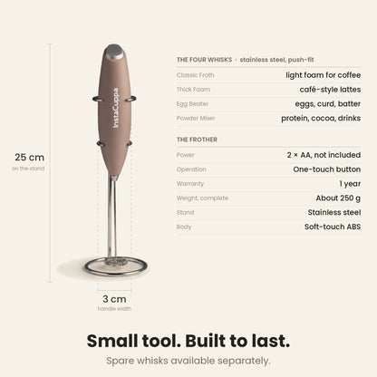 InstaCuppa Milk Frother with Stand - Rose Gold - specifications, 25 cm tall, 250 g · 4 whisks