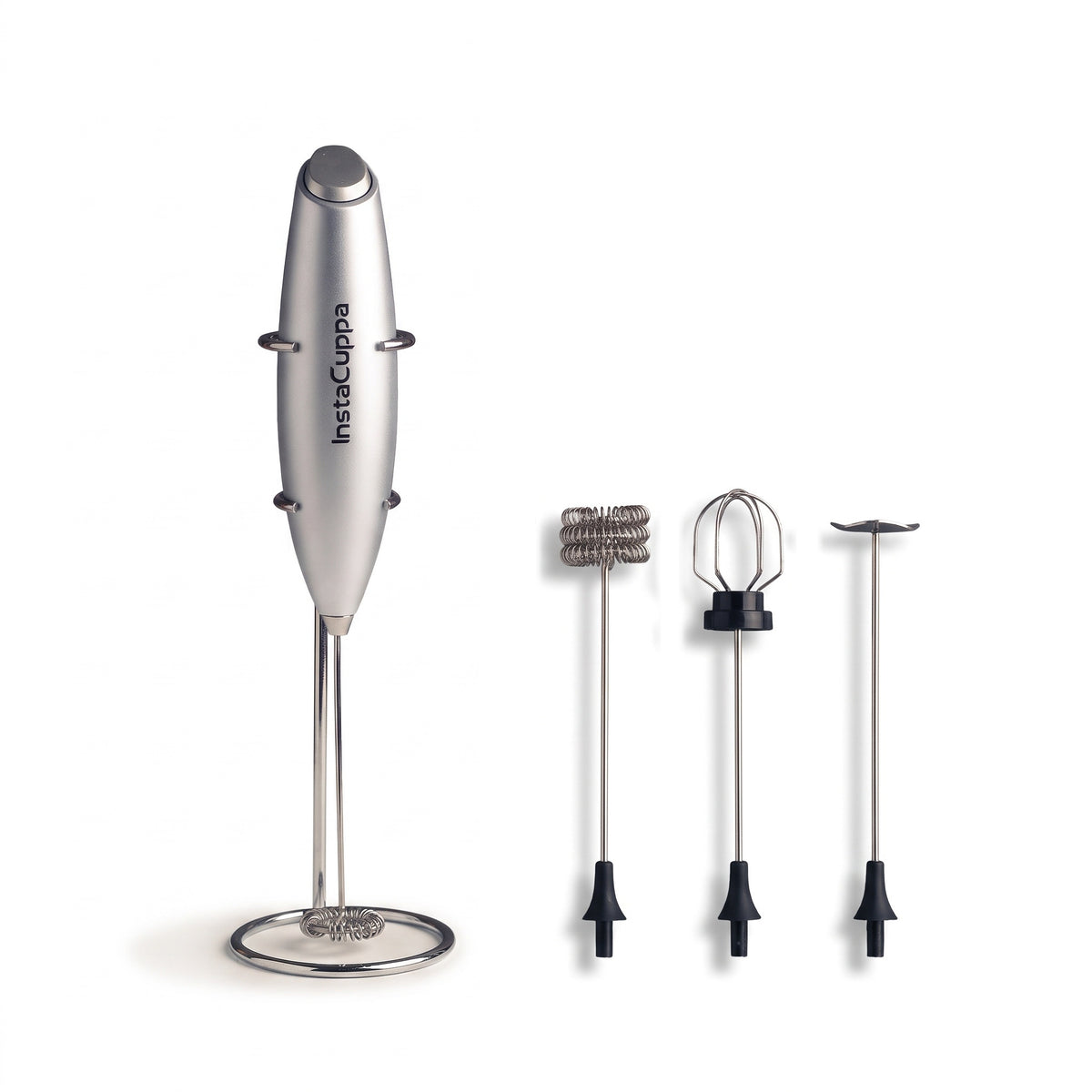 InstaCuppa Milk Frother with Stand - Silver - hero shot of the handheld frother with its stand and 4 whisk attachments · 4 whisks