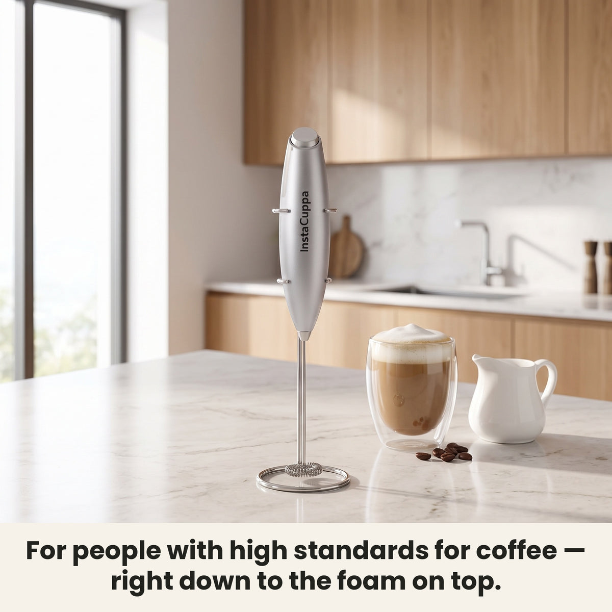 InstaCuppa Milk Frother with Stand - Silver - frother hanging on its stand in the kitchen, ready for coffee · 4 whisks