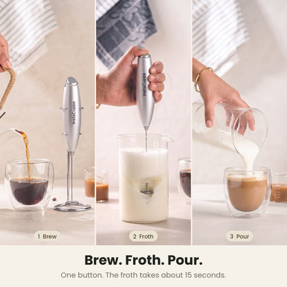 InstaCuppa Milk Frother with Stand - Silver - brew, froth and pour in three easy steps · 4 whisks