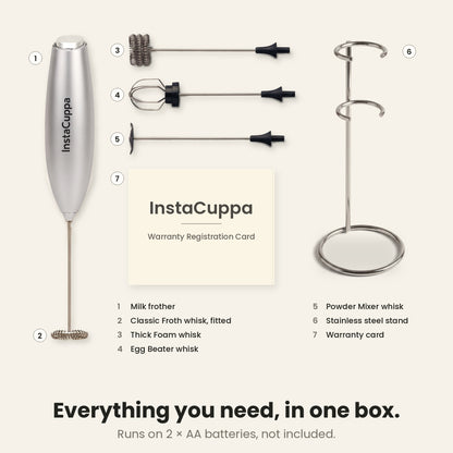 InstaCuppa Milk Frother with Stand - Silver - what is in the box · 4 whisks