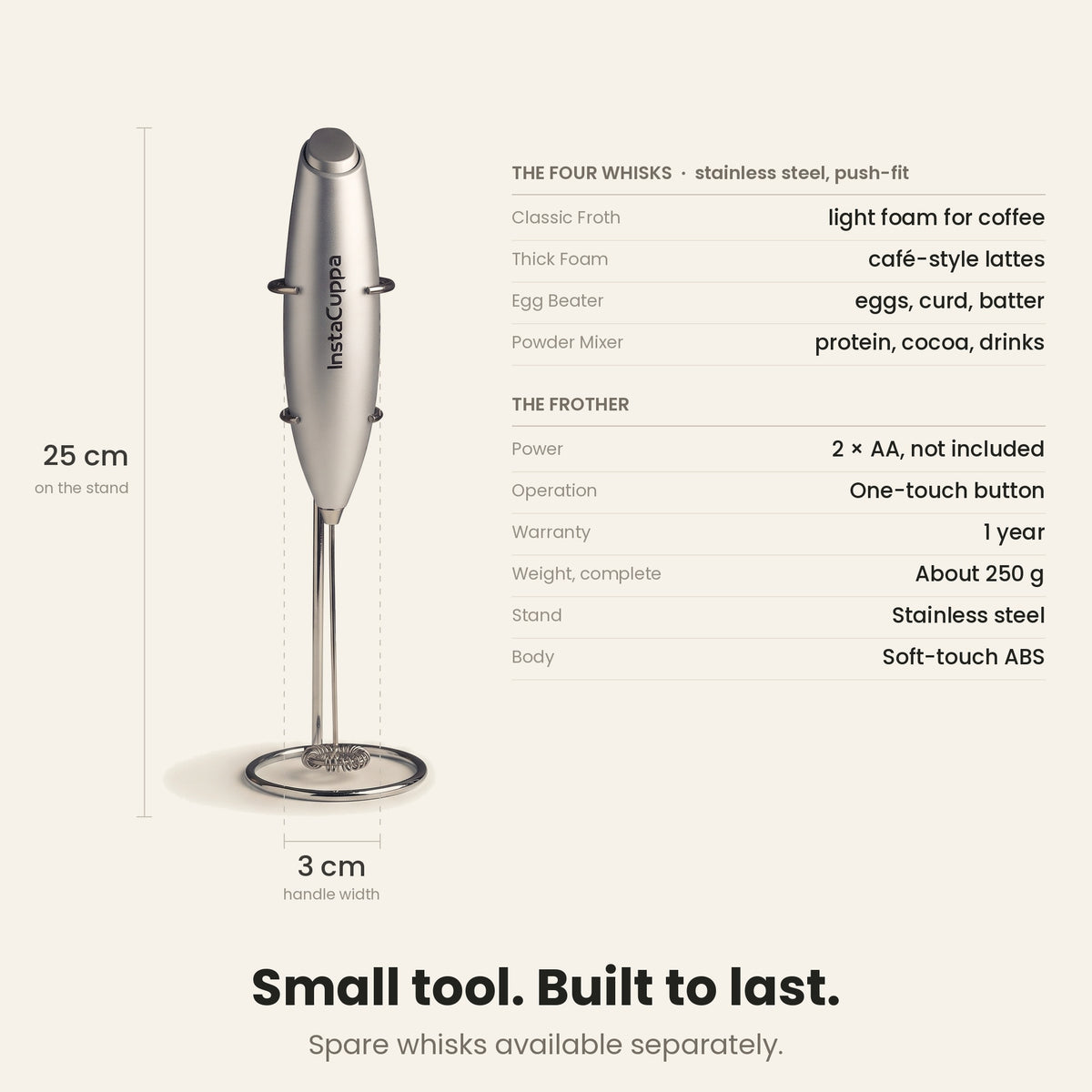 InstaCuppa Milk Frother with Stand - Silver - specifications, 25 cm tall, 250 g · 4 whisks