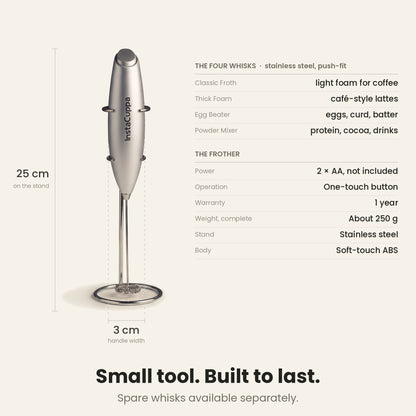 InstaCuppa Milk Frother with Stand - Silver - specifications, 25 cm tall, 250 g · 4 whisks
