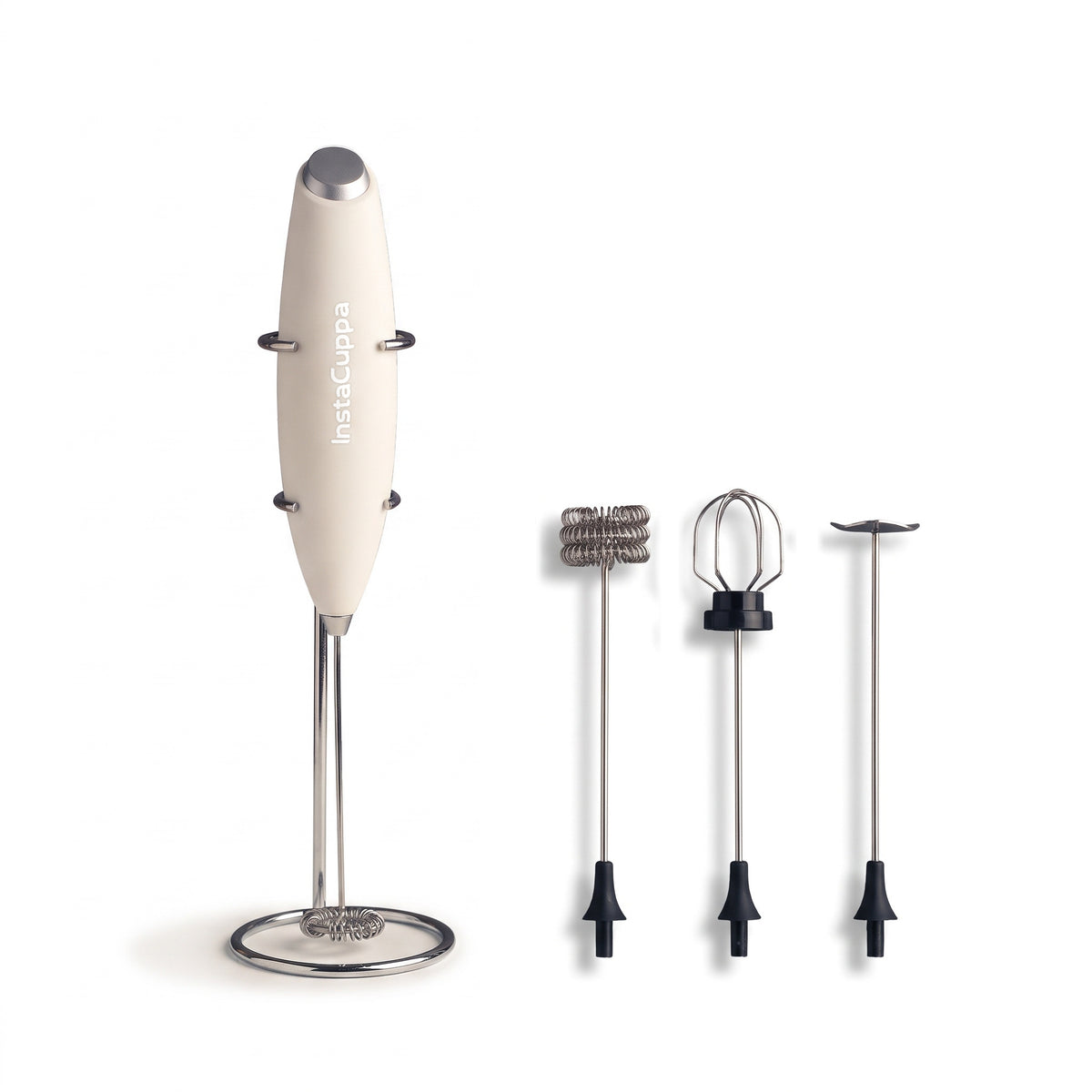 InstaCuppa Milk Frother with Stand - White - hero shot of the handheld frother with its stand and 4 whisk attachments · 4 whisks