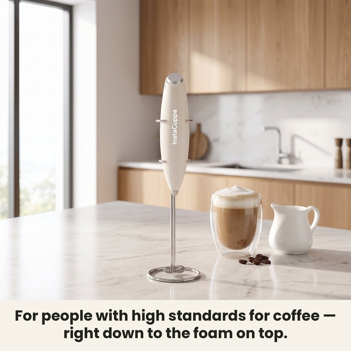 InstaCuppa Milk Frother with Stand - White - frother hanging on its stand in the kitchen, ready for coffee · 4 whisks