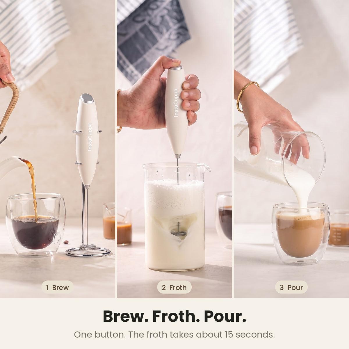 InstaCuppa Milk Frother with Stand - White - brew, froth and pour in three easy steps · 4 whisks