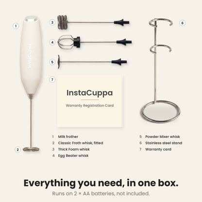 InstaCuppa Milk Frother with Stand - White - what is in the box · 4 whisks