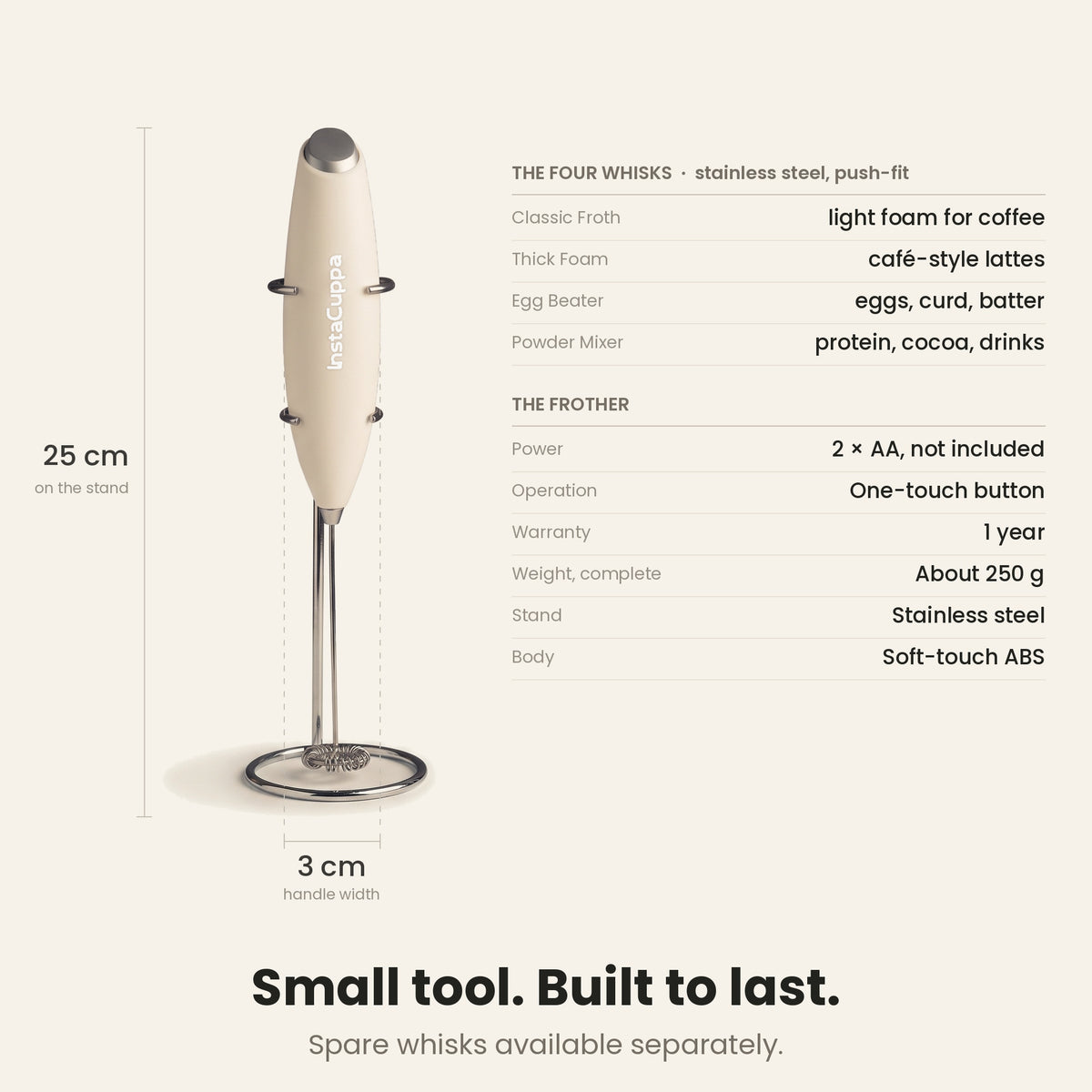 InstaCuppa Milk Frother with Stand - White - specifications, 25 cm tall, 250 g · 4 whisks