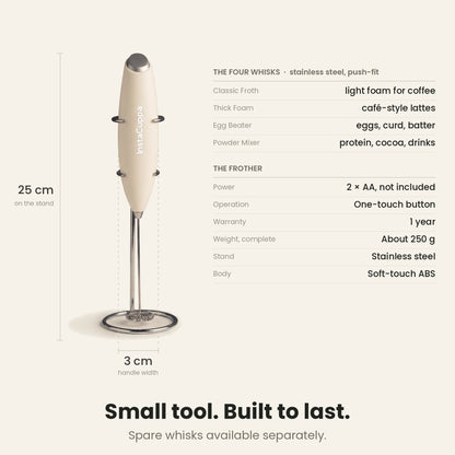 InstaCuppa Milk Frother with Stand - White - specifications, 25 cm tall, 250 g · 4 whisks