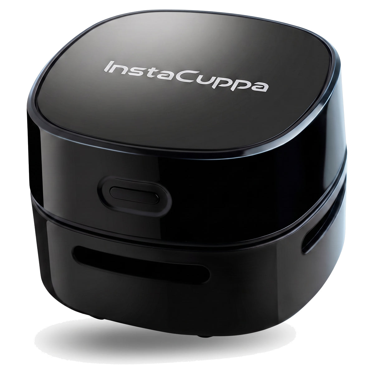 InstaCuppa mini desk vacuum cleaner — palm-sized black cordless desk vacuum with a glossy top and one-press side button, on white
