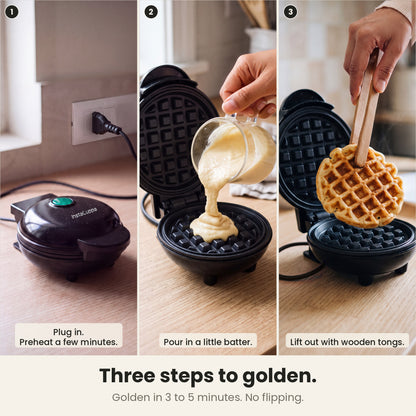 InstaCuppa Mini Waffle Maker 4 inch - Black - three steps to golden: plug in and preheat, pour in a little batter, lift out with wooden tongs; golden in 3 to 5 minutes, no flipping