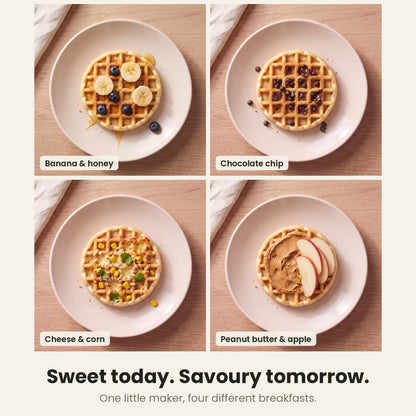 InstaCuppa Mini Waffle Maker 4 inch - Black - sweet today, savoury tomorrow: banana and honey, chocolate chip, cheese and corn, peanut butter and apple waffles