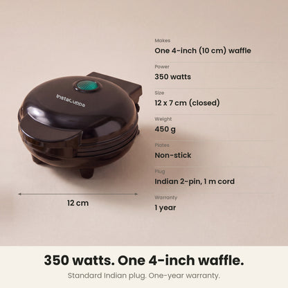 InstaCuppa Mini Waffle Maker 4 inch - Black - specifications: one 4-inch (10 cm) waffle, 350 watts, 12 x 7 cm closed, 450 g, non-stick plates, Indian 2-pin plug with 1 m cord, 1-year warranty