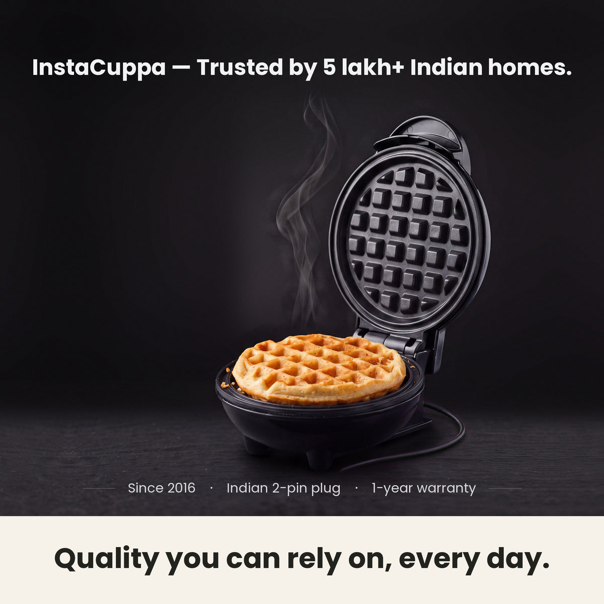 InstaCuppa Mini Waffle Maker 4 inch - Black - trusted by 5 lakh+ Indian homes since 2016, with an Indian 2-pin plug and a 1-year warranty