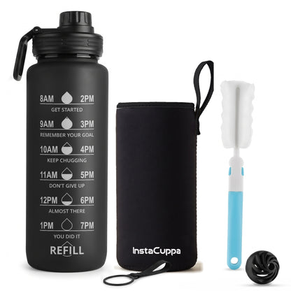 InstaCuppa Motivational Water Bottle 1 Litre - Black - with neoprene sleeve, carry latch, cleaning brush and shaker ball