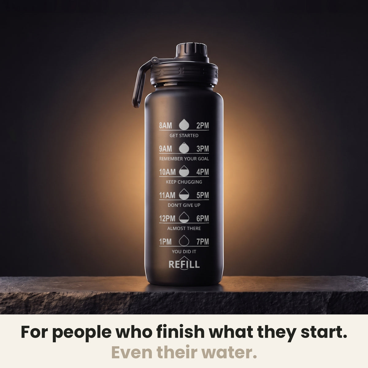 InstaCuppa Motivational Water Bottle 1 Litre - Black - hourly time markings, for people who finish what they start