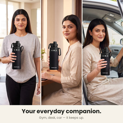 InstaCuppa Motivational Water Bottle 1 Litre - Black - everyday companion at the gym, at the office desk and in the car