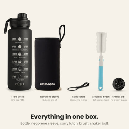InstaCuppa Motivational Water Bottle 1 Litre - Black - in the box: bottle, neoprene sleeve, carry latch, brush, shaker ball