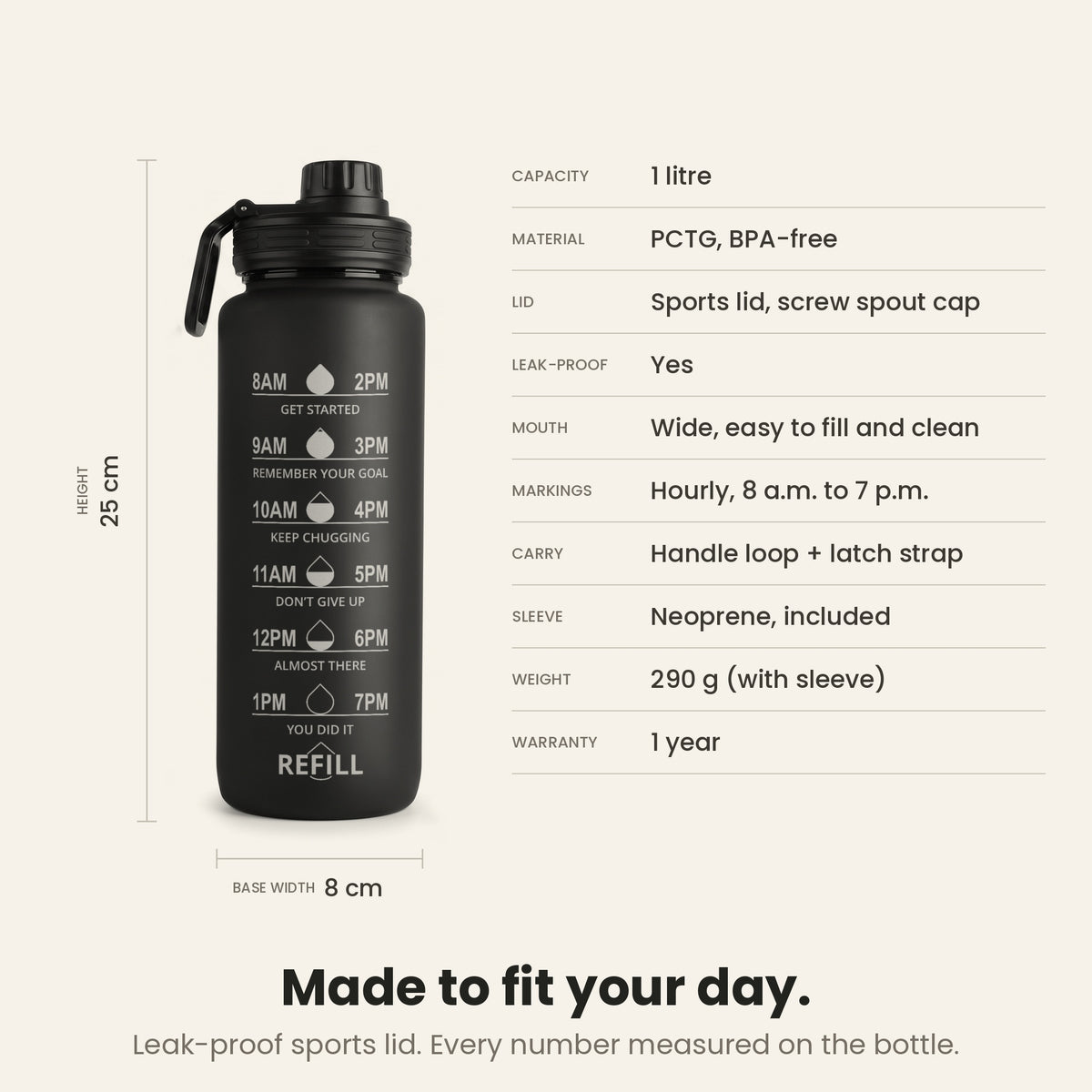 InstaCuppa Motivational Water Bottle 1 Litre - Black - spec sheet: 25 cm tall, 8 cm base, 290 g with sleeve, BPA-free PCTG
