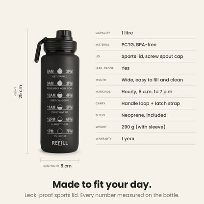 InstaCuppa Motivational Water Bottle 1 Litre - Black - spec sheet: 25 cm tall, 8 cm base, 290 g with sleeve, BPA-free PCTG