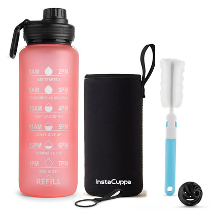 InstaCuppa Motivational Water Bottle 1 Litre - Pink - with neoprene sleeve, carry latch, cleaning brush and shaker ball
